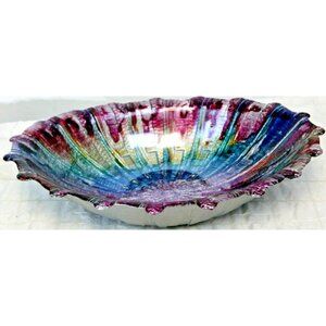 Metallic Rainbow Art Glass Bowl Serving Display Scalloped Shell Oval Texture